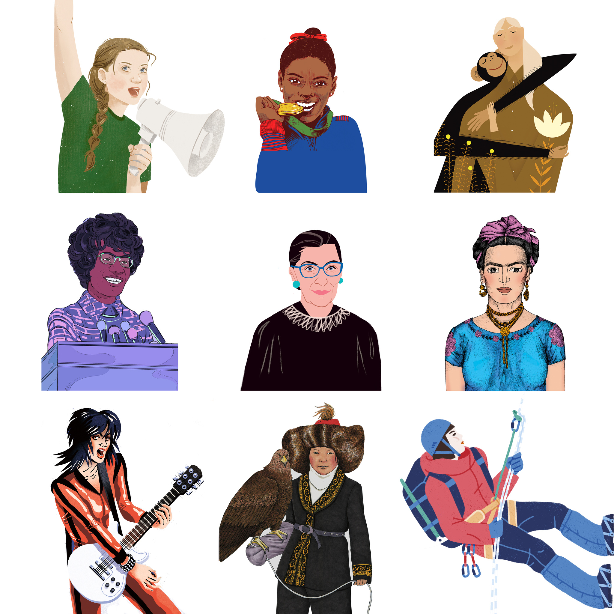 Illustrations of nine women profiled in the Rebel Girls app. Left to right, from the top: Greta Thunberg, Simone Biles, Jane Goodall, Shirley Chisolm, Ruth Bader Ginsburg, Frida Kahlo, Joan Jett, Aisholpan Nurgaiv, and Junko Tabei.