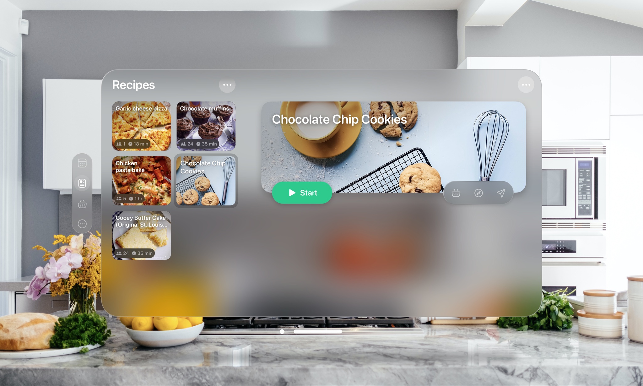 An Apple Vision Pro screenshot of Crouton, showing a window containing a chocolate chip cookie recipe floating over a gray marble kitchen counter.