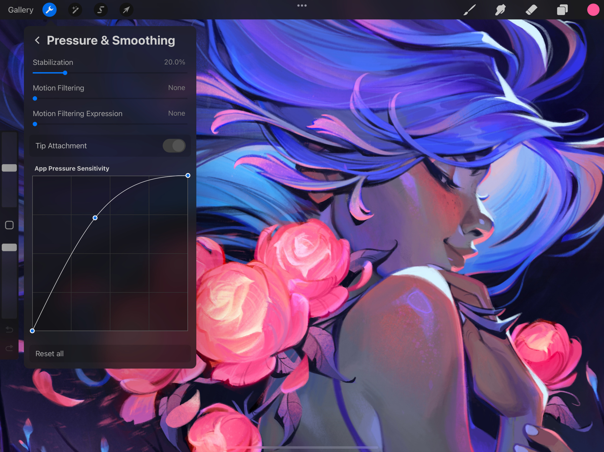 A screenshot of Procreate’s motion filtering tool — found in the Pressure and Smoothing menu — which a big part of the app's Apple Design Award win for inclusivity.