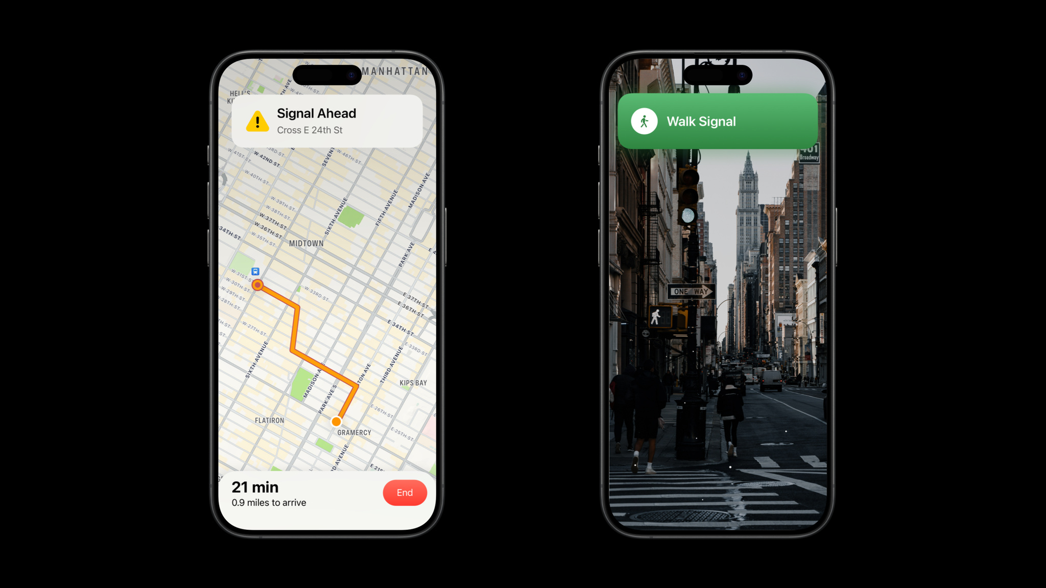 Two screenshots of the app Oko. The screenshot on the left shows a suggested walking path through a map view. The screenshot on the right shows a live image of a street crossing with the words “Walk signal” highlighted in a green bubble at the top of the screen.