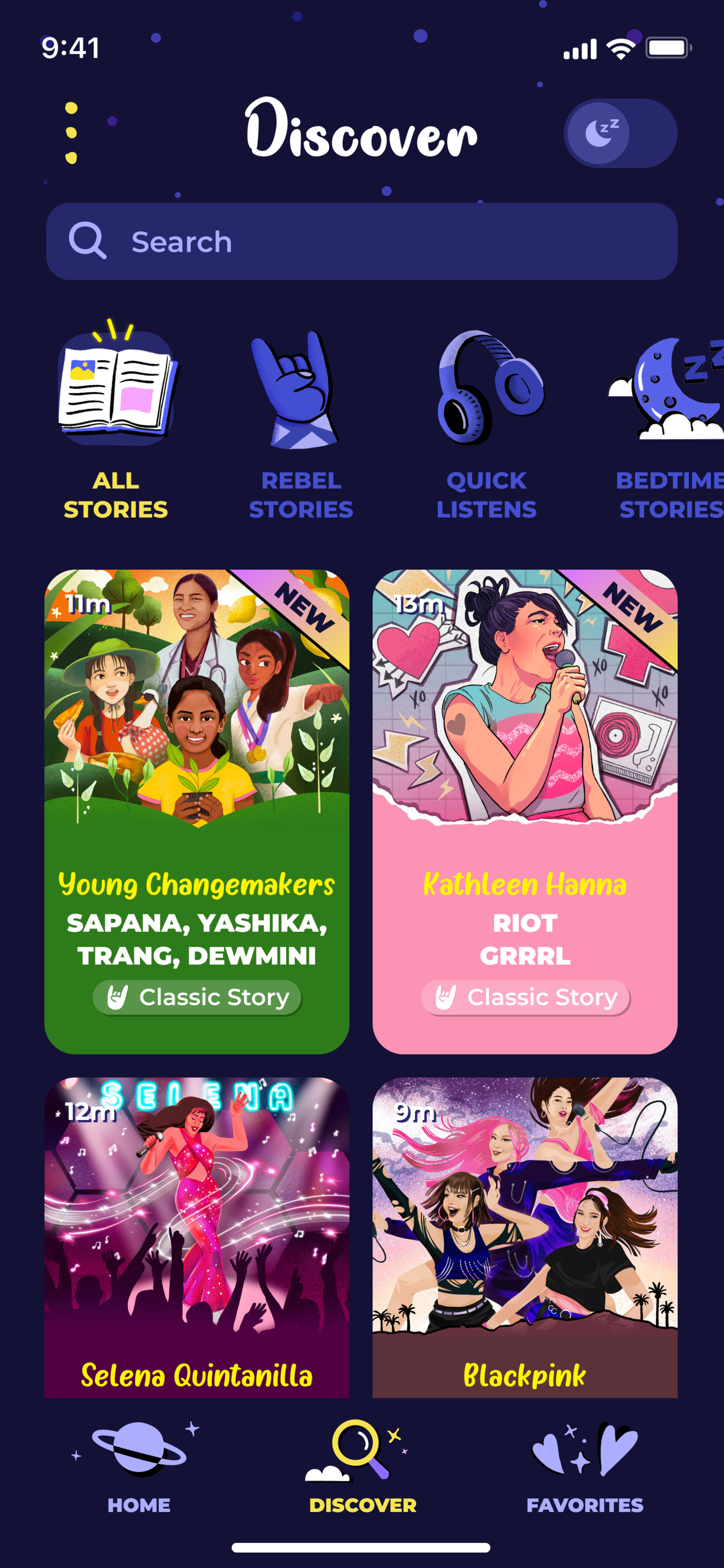 A screenshot of the Rebel Girls app’s Discover page, which includes links to stories about Megan Rapinoe, Grace O’Malley, Greta Thunberg, and Beyonce and her daughter Blue.