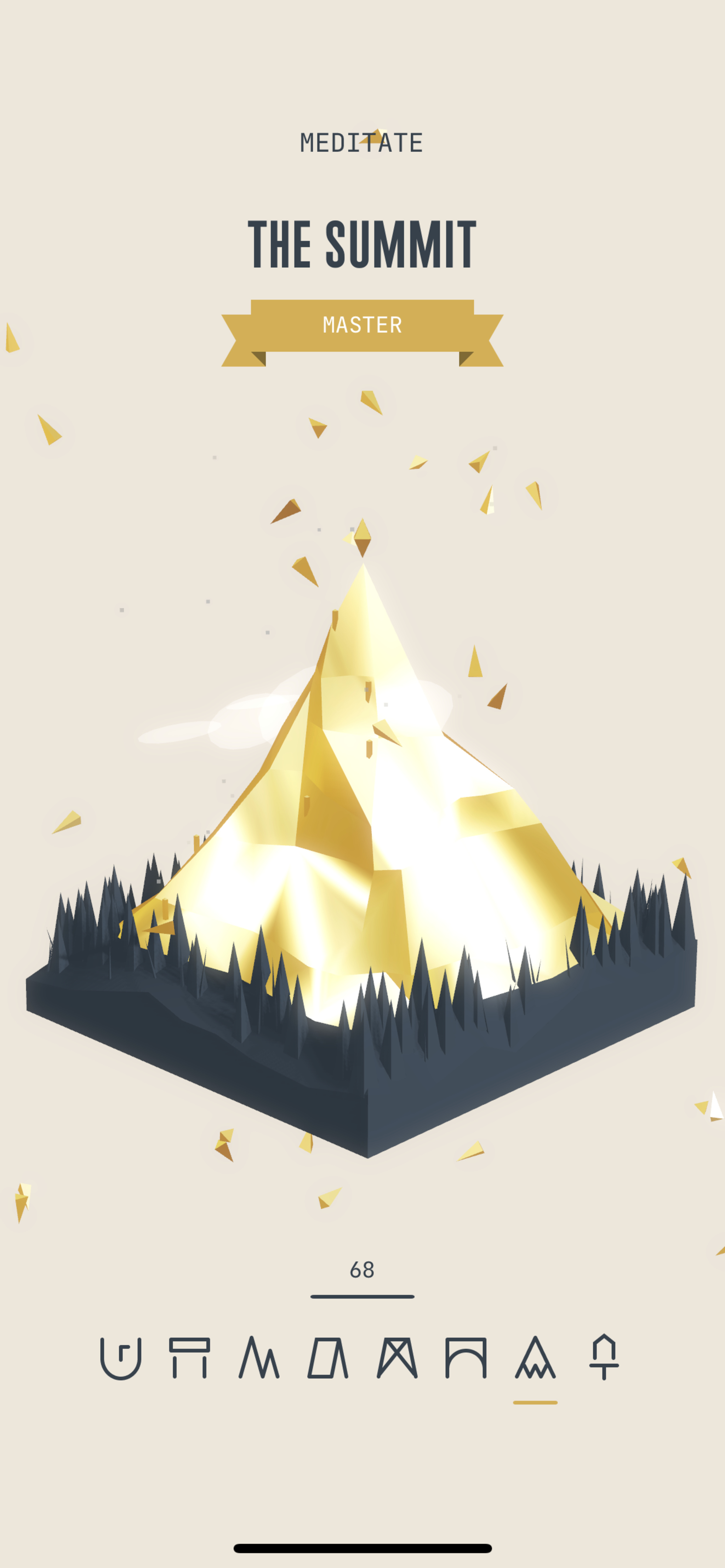 A screenshot of the app’s “Summit” level, featuring a shining gold mountain. 