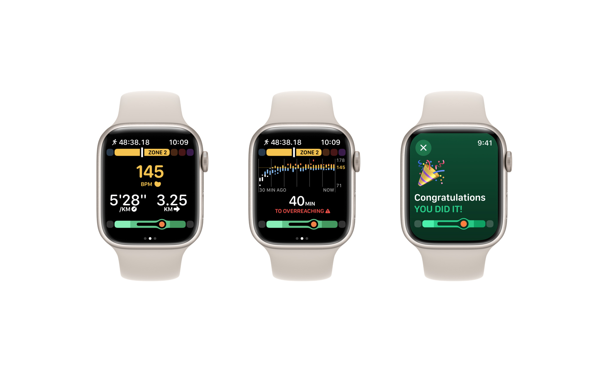 Three screenshots from Apple Watch that show Gentler Streak on watchOS. 