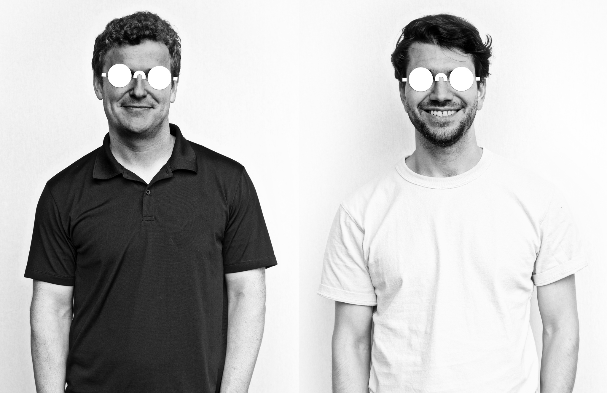 A photo of Andy Works co-founders Mark Dawson and Andy Allen, with the company logo — an abstract set of glasses — laid over their eyes. 