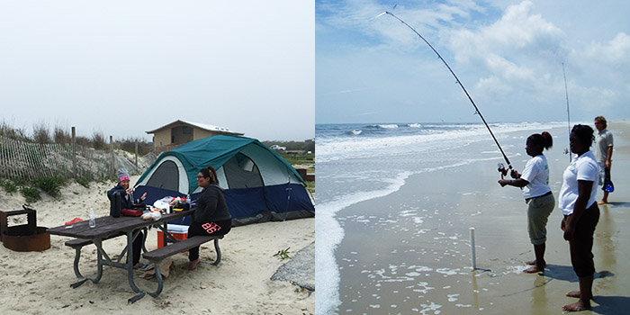 Two girls surf fishing on the beach