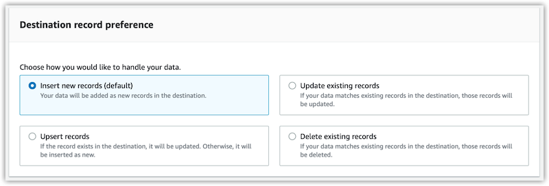 The options for Destination record preference on the Map data fields page.