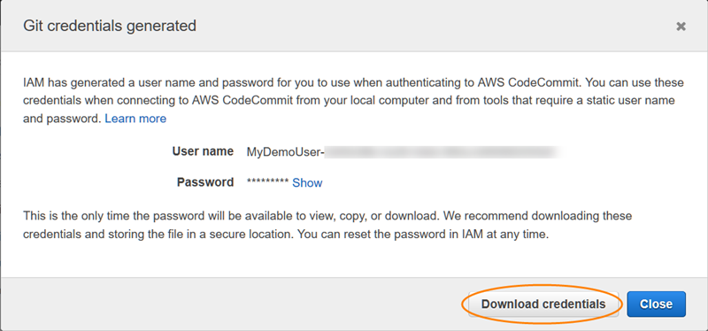 Downloading Git credentials from the IAM console