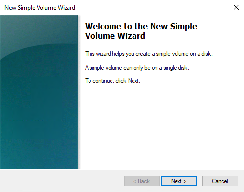 Begin the New Simple Volume Wizard.