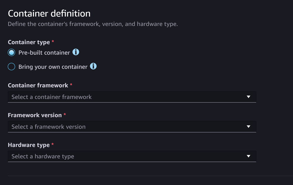 Screenshot of the Container definition section for creating a model in Studio.