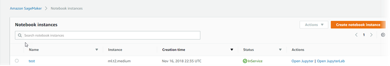 Example Notebook instances section in the console.