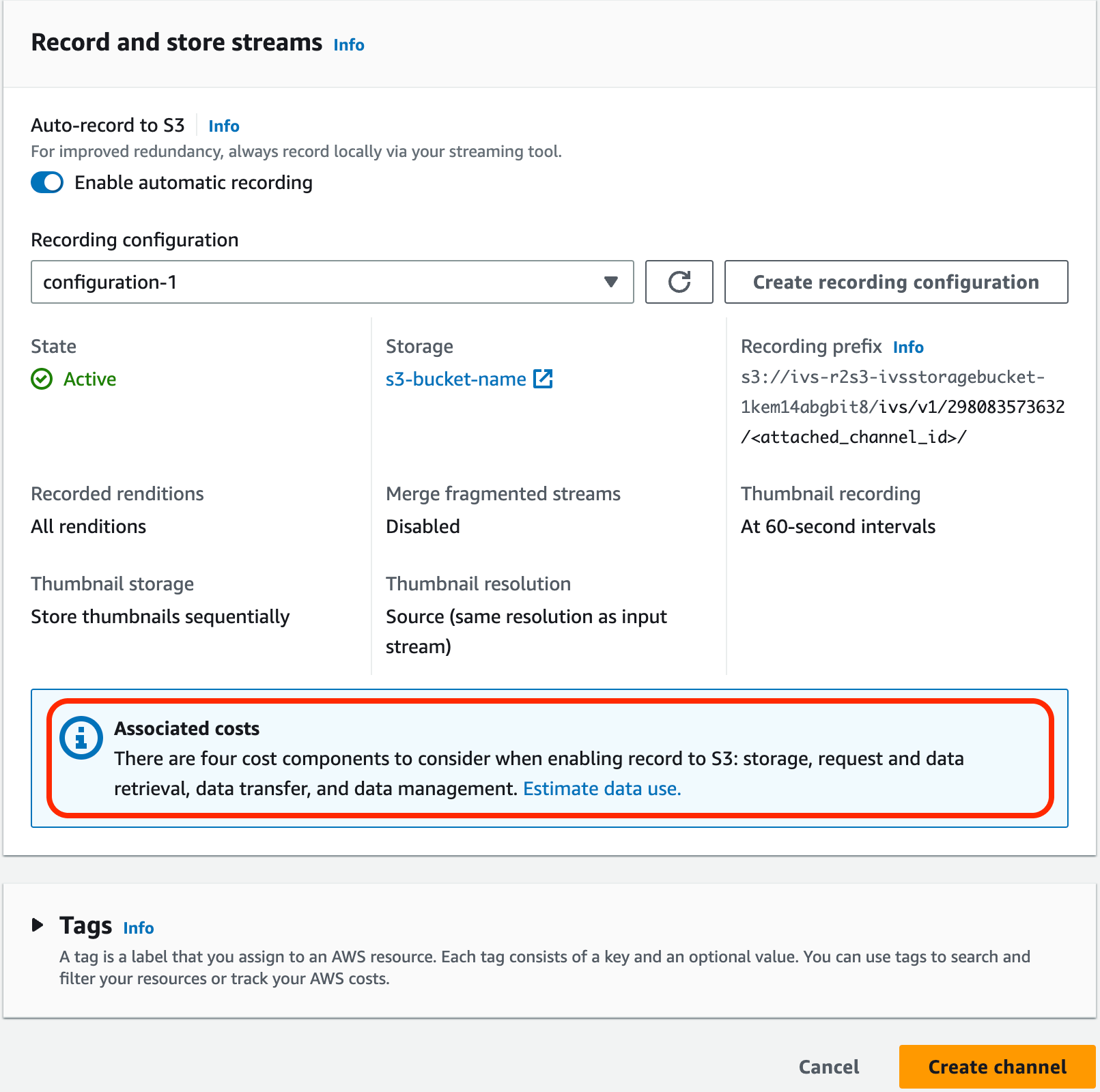 Sélectionnez Auto-record to S3 (Enregistrement automatique vers S3) dans la zone Record and store streams (Enregistrer et stocker les flux) pour afficher des informations sur les Associated costs (Coûts associés).