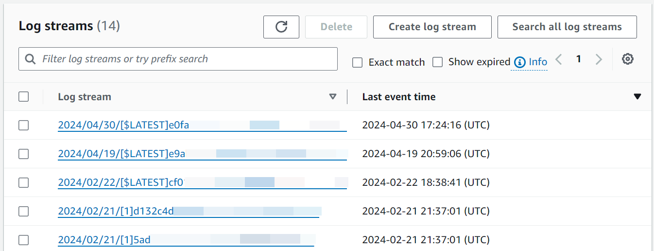 Liste des flux de journaux pour une fonction Lambda.