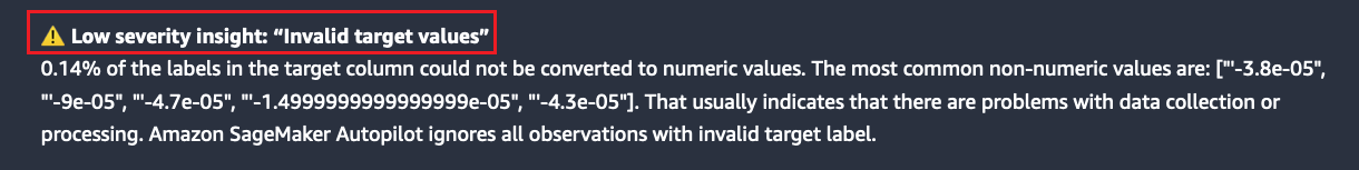 Data autopilot melaporkan peringatan tingkat keparahan rendah tentang nilai target yang tidak valid.