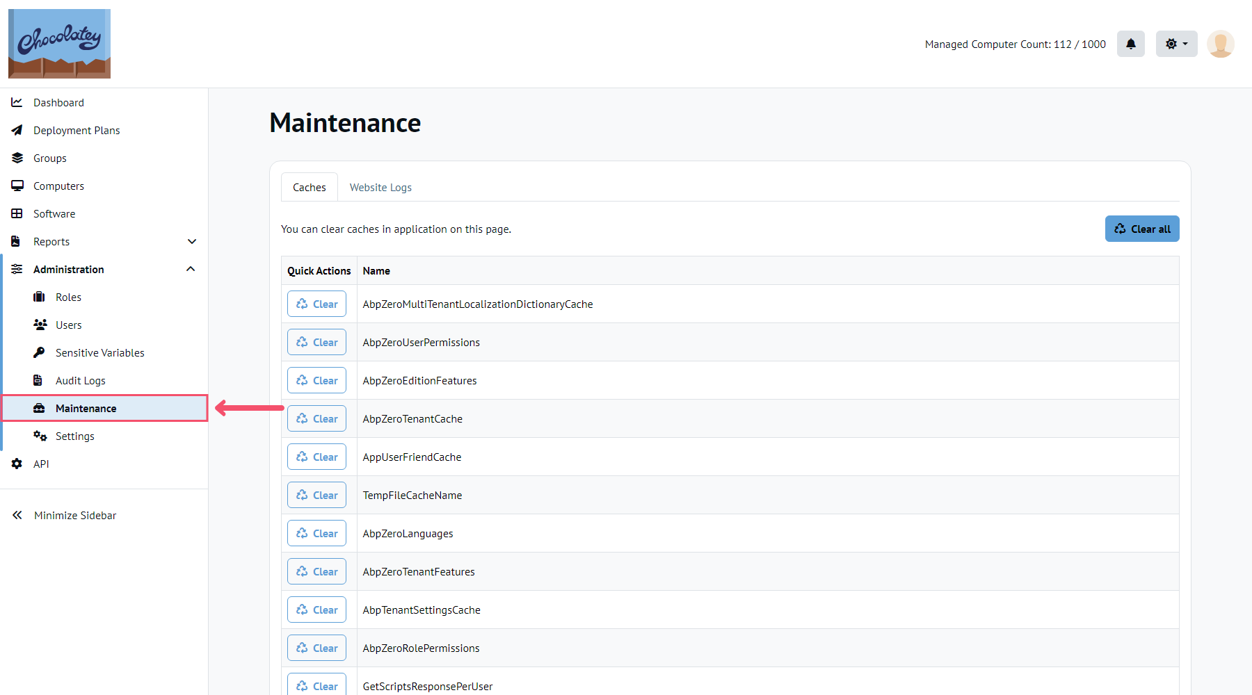 Caches tab within the Maintenance section of the Administration | Settings page