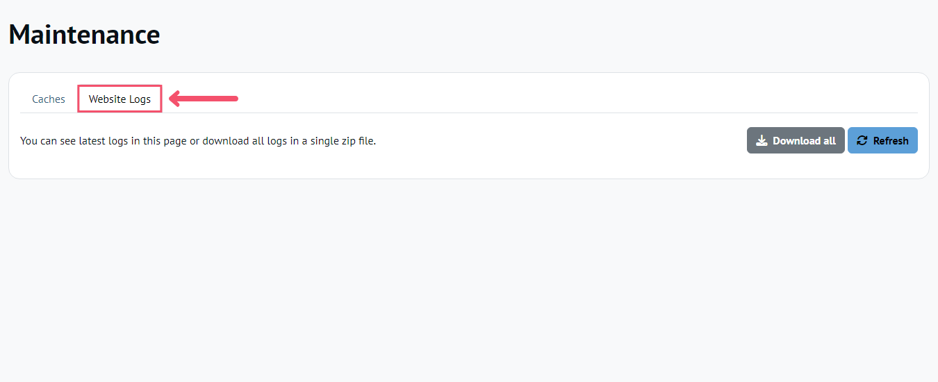 Websites Logs tab within the Maintenance section of the Administration | Settings page
