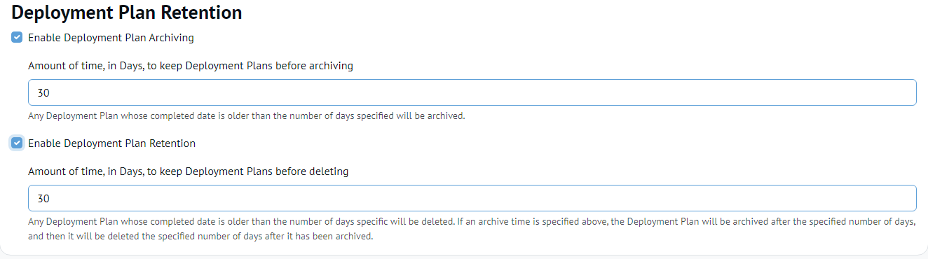 Deployment Plan Retention Settings