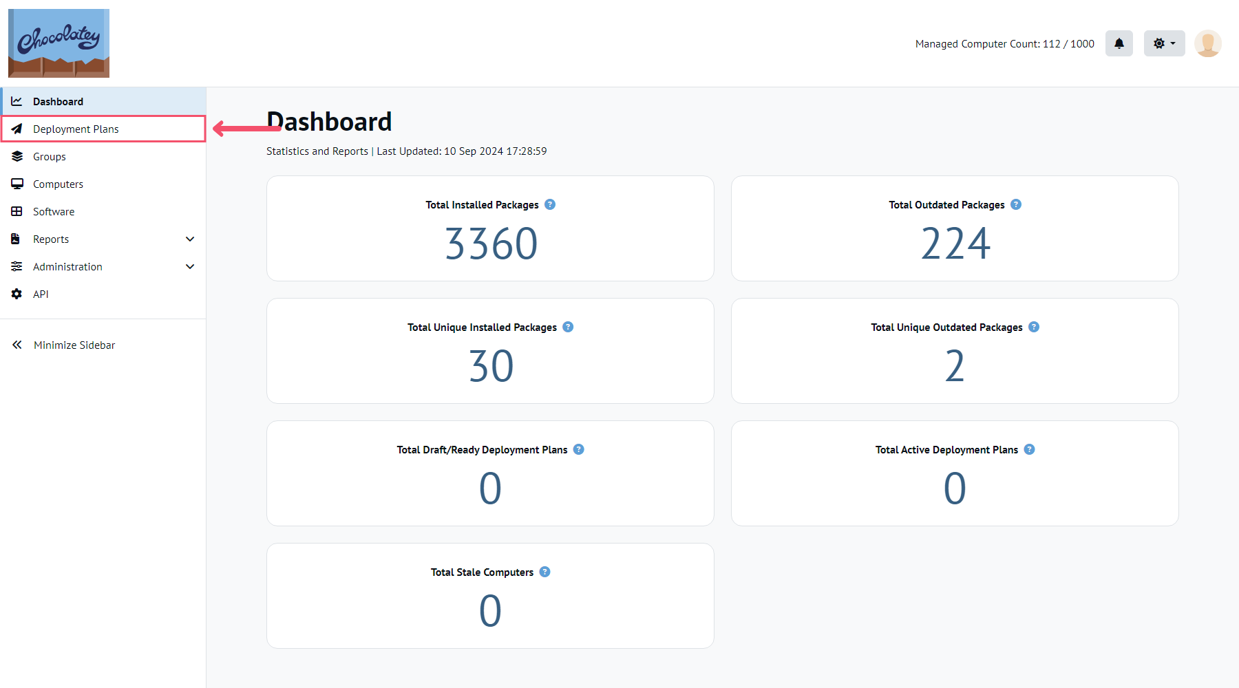 Chocolatey Central Management dashboard, arrow pointing to Deployment Plans menu in the left sidebar