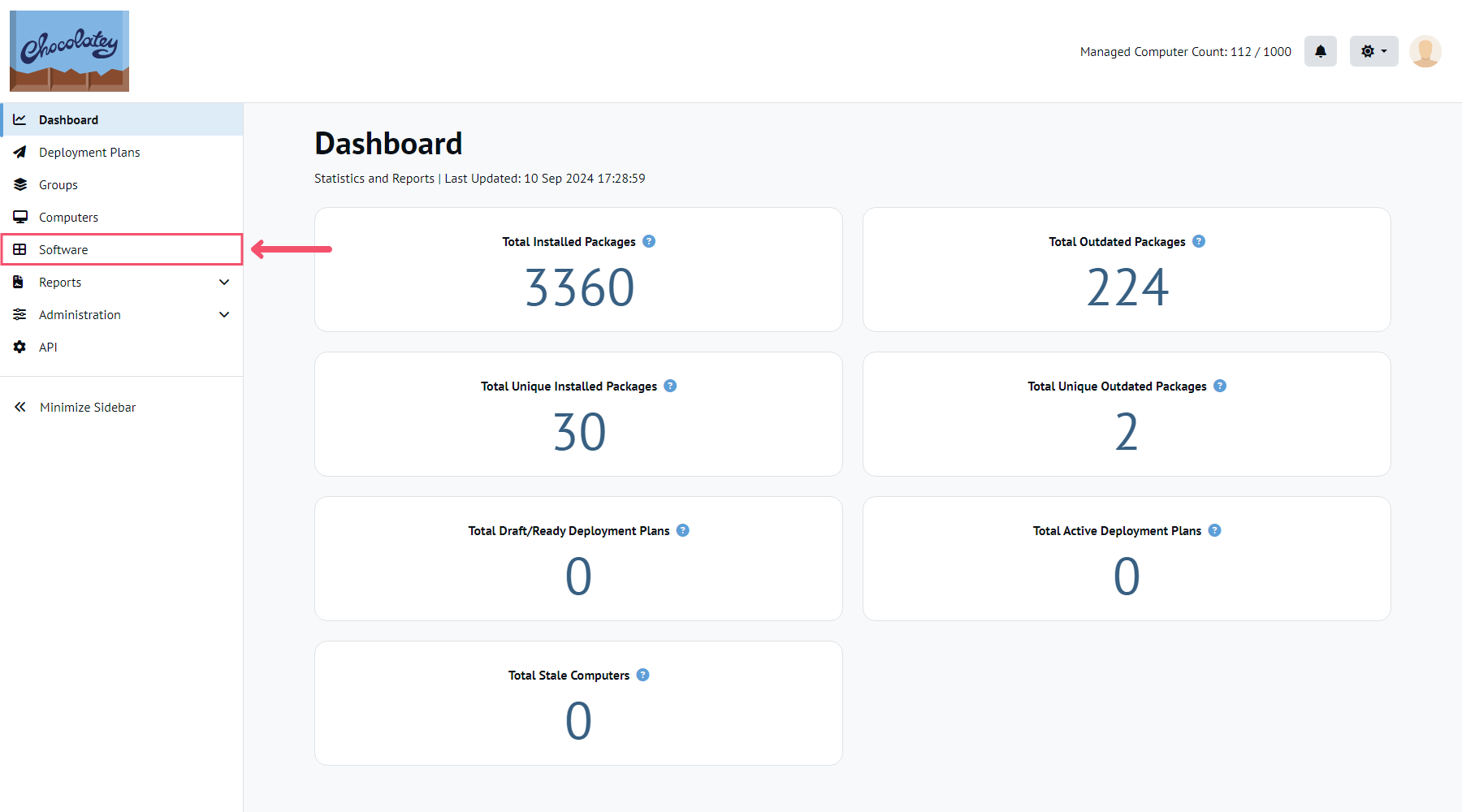 Software menu entry on the CCM dashboard