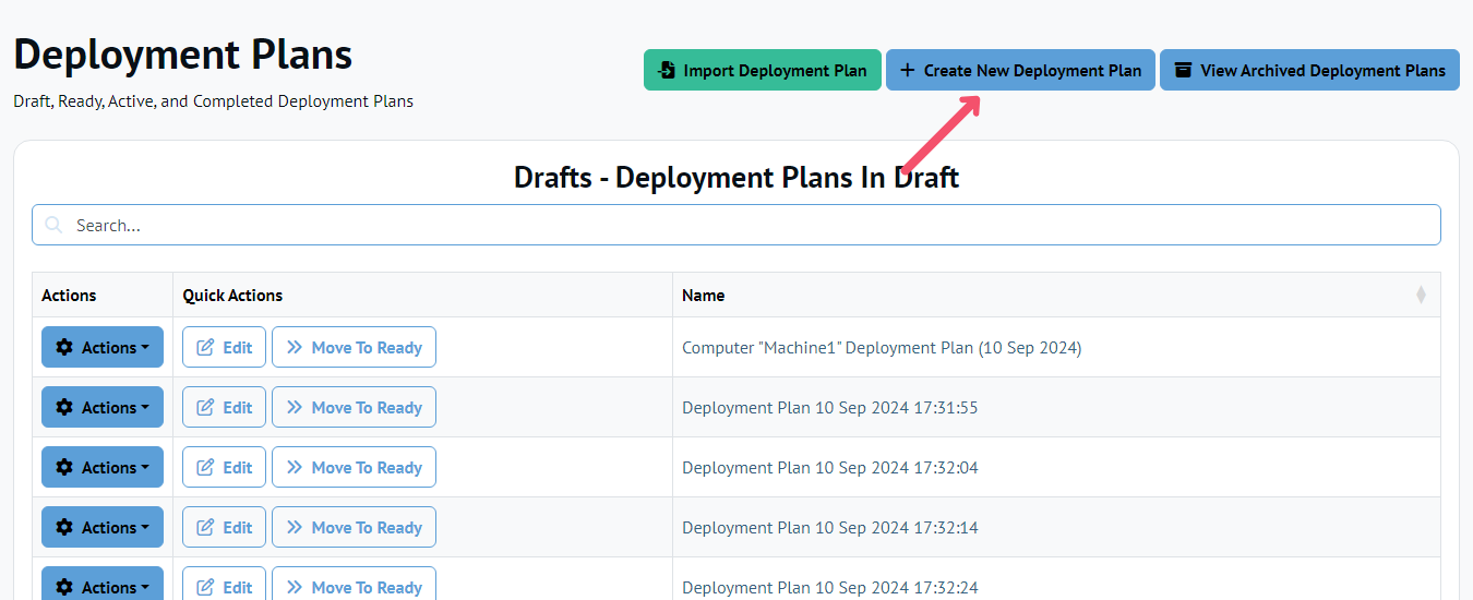 Chocolatey Central Management Deployment Plans page, arrow pointing to Create New Deployment Plan button