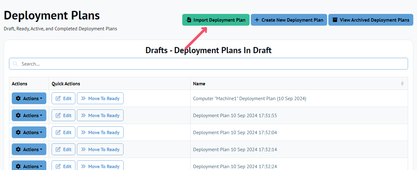 Chocolatey Central Management Deployment Plans page, arrow pointing to Import Deployment Plan button