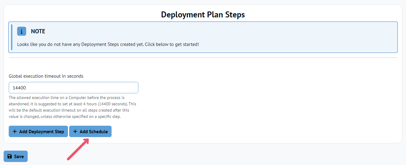 Chocolatey Central Management New Deployment Plan page, arrow pointing to Add Schedule button