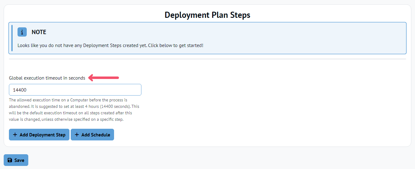 Chocolatey Central Management New Deployment Plan page, arrow pointing to the Deployment Plan execution timeout in seconds setting