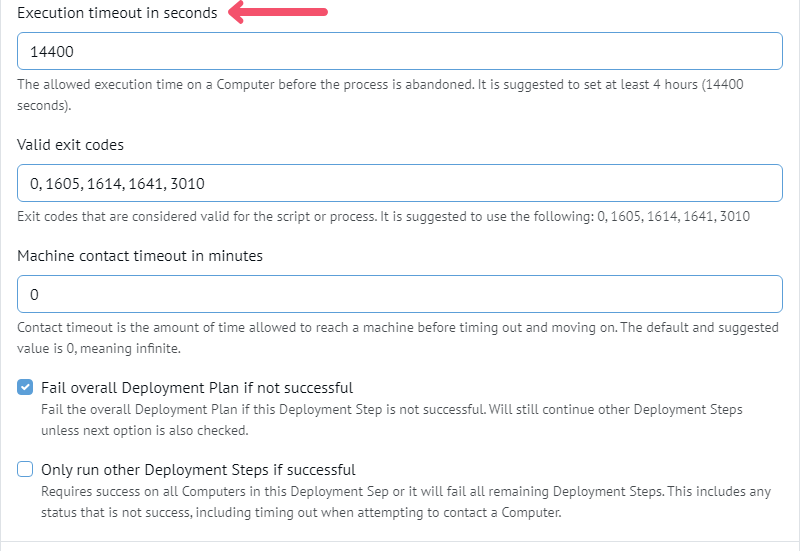 Chocolatey Central Management Deployment Step modal, arrow pointing to execution timeout in seconds