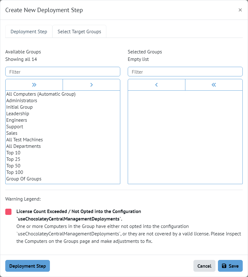 Chocolatey Central Management Deployment Step Select Target Groups modal