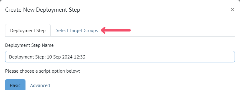 Chocolatey Central Management Deployment Step Select Target Group tab