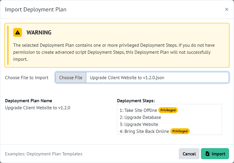 Chocolatey Central Management import Deployment Plan modal, arrow pointing to the Choose Deployment Plan button and the Import button