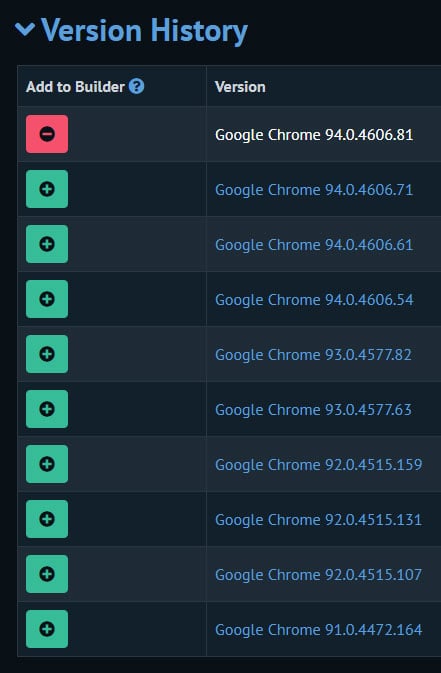 Add package from the version history table