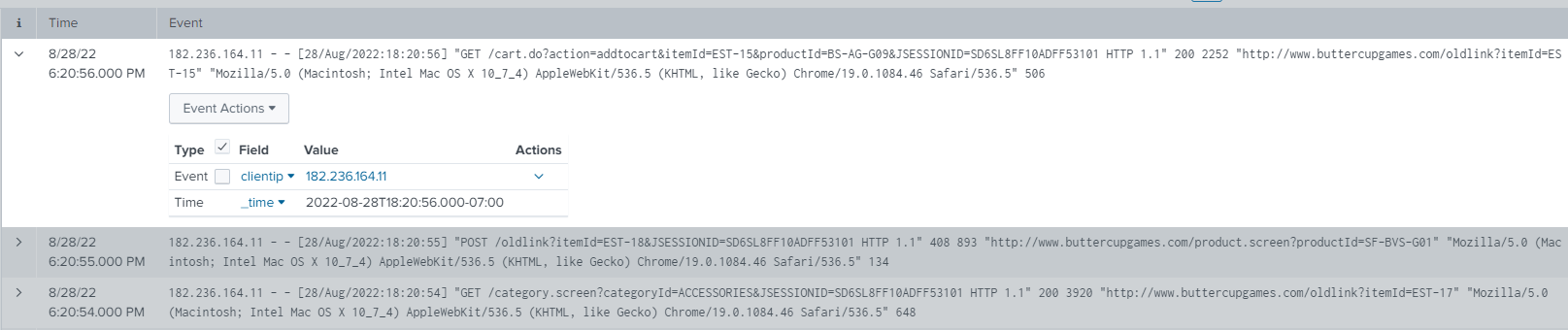 Screenshot of a partial cutout of search results for the example search. The first result is expanded to show on the first row that the Type is Event, the Field is clientip, and the Value is 182.236.164.11. On the second row, the Type is Time, the Field is _time, and the Value is 2022-08-28T18:20:56.000-07:00.