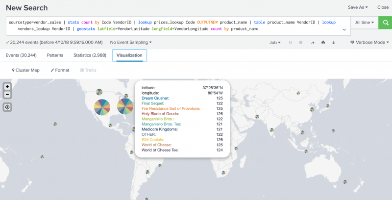 This image shows the results of the search displayed on the Visualization tab. For each set of coordinates in the statistics table, a pie chart displays on a map. There are controls on the upper left side of the map to zoom in and out.