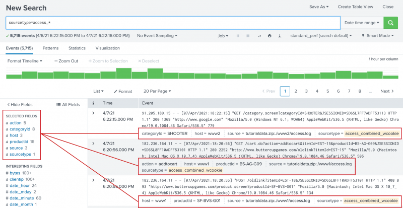 This screen image shows the Fields sidebar and the Events view. The fields that you added to the Selected Fields are highlighted in the Fields sidebar. The Events that contain those new selected fields are also highlighted.