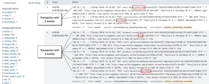 This image shows 2 transactions. The first transaction contains 2 events. The second transaction contains 5 events.