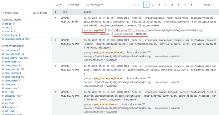 This image shows the search results. The unexpectedness and group fields are in the Selected fields list and are highlighted in the search results.