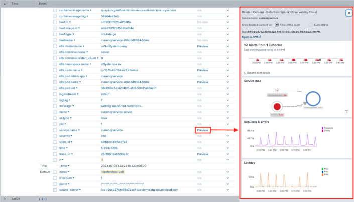 This image shows a preview of host data from Splunk Observability Cloud in the Related Content panel.