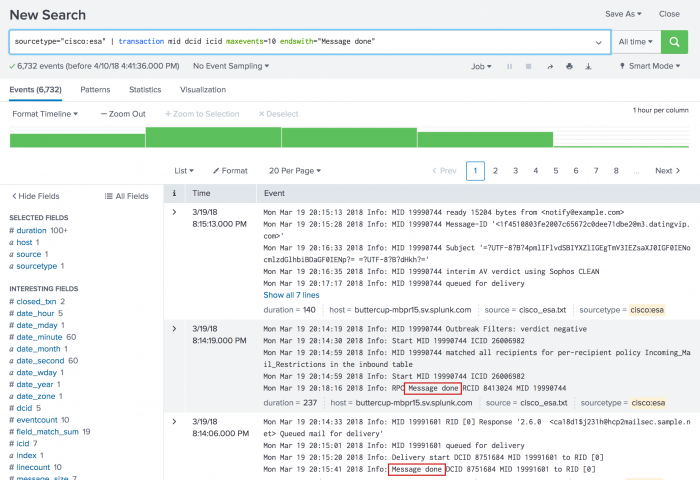 This image shows the results of the search. The string "Message done" is highlighted in the last event in the second and third transactions.