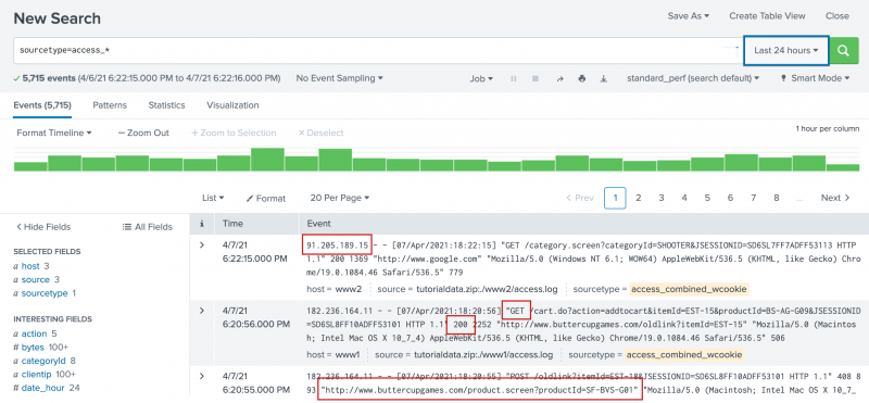 The screen image shows red rectangles around some of the fields in the search results, including an IP address, a URL, an HTTP status code of 200, and a GET page request method.