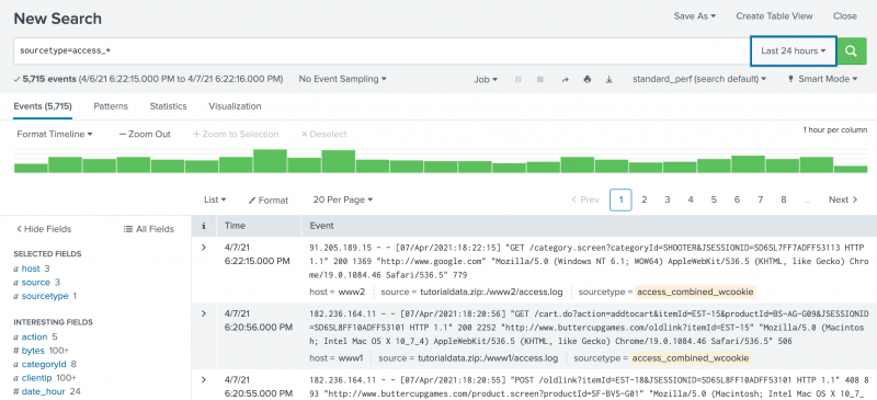 This screen image shows the sourcetype fields highlighted in the search results.