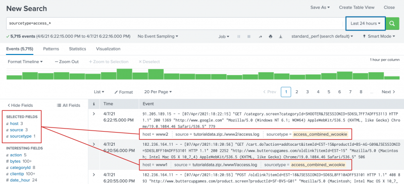 This screen image shows the Fields sidebar and the Events view. The host, source, and sourcetype are highlighted in the Fields sidebar and in the Events view.