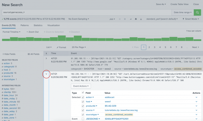 This screen image shows that the Information column is the first column in the Event viewer area. The event information for the second event is expanded. Each of the fields in the event is listed in categories: selected, event, time, and default. Additionally, the expanded information shows that you can take actions on the event and on each field.