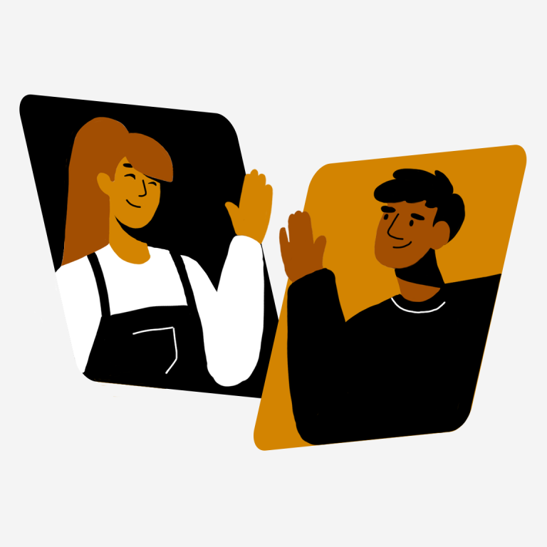 an illustration of a man and a woman waving hands to each other