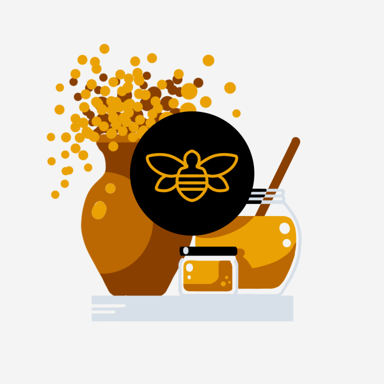 an illustration of honey in the glass bowl and a bee logo in front of the illustration