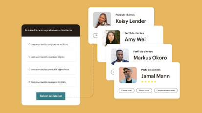 Um gatilho de comportamento do cliente com 4 opções. Quatro perfis de clientes diferentes à direita.