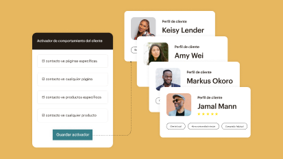 Un activador de comportamiento del cliente con 4 opciones. Cuatro perfiles de clientes diferentes a su derecha.