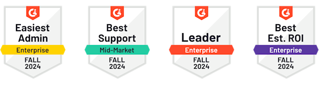 Four badges. The first one reads "Buyer's Choice, Trust Radius, 2025". The second one reads "Top Rated, Trust Radius, 2024". The third one reads "Fastest Implementation, Enterprise, Summer 2024". The fourth reads "Best Est. ROI, Enterprise, Fall 2024".