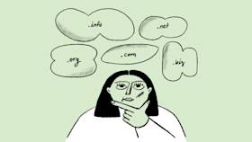 A woman thinking with thought bubbles that say ".info", ".net", ".org", ".com", and ".biz"