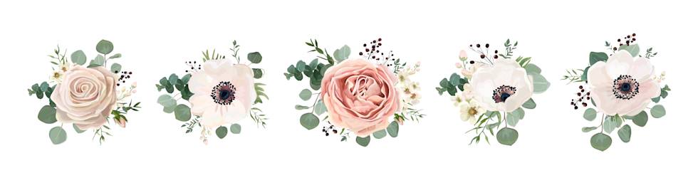 A row of five floral bouquet designs highlighting symmetrical radial balance