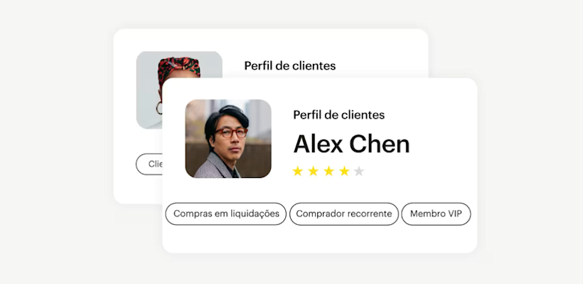 Exemplo de um perfil de cliente com nome, classificação e etiquetas